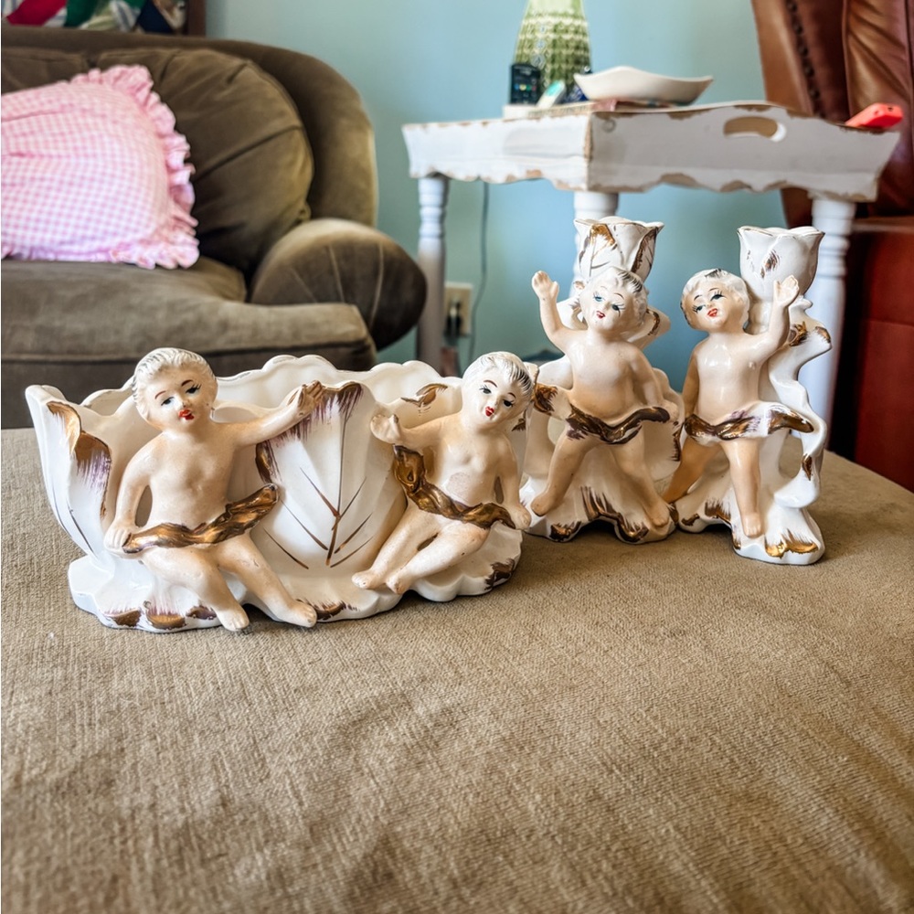 Royal Sealy porcelain cherub console set